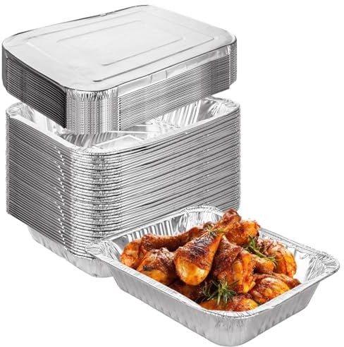 YOUNTHYE 30Pcs Aluminium Foil Trays, 32x26x7cm Large Deep Food Containers Aluminum 3500ml Foil Baking Trays with Lids, Rectangular Takeaway Containers for BBQ, Cooking, Broiling, Roasting