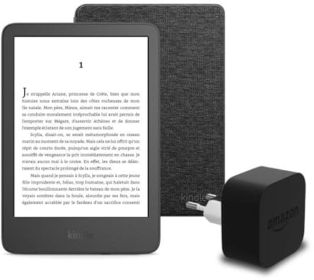 Il nuovo Kindle (versione 2024) da 16 GB con pubblicità, una copertura in tessuto Amazon e un alimentatore Amazon Powerfast da 9 W.