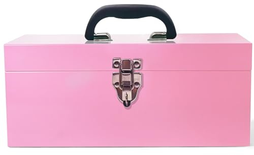 Tragbarer Metall-Werkzeugkasten, 40,6 cm, großer Werkzeugkasten, 18-Gauge, Angelausrüstungsbox, Schublade, Organizer, Stahl-Werkzeugkasten mit Metallriegel und Griff, Rosa