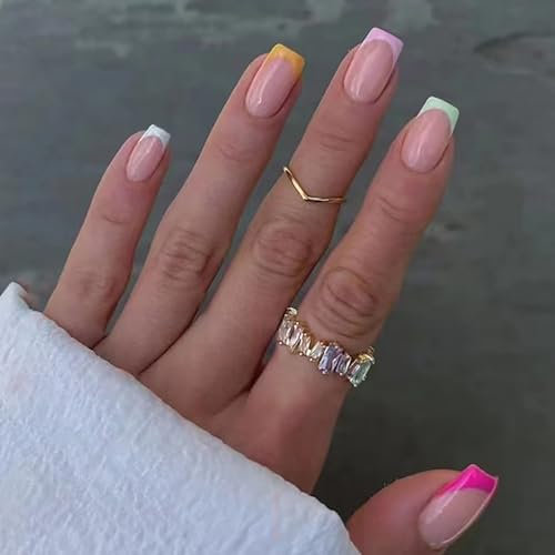 24pcs Cute Rainbow False Nails - Short Square Stick-on with Adhesive - Cover Tips - Artificial Finger Manicure for Women