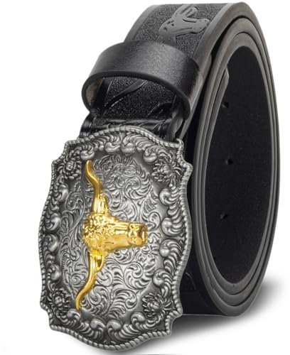 Oyifan Western Cowboy Cowgirl Gürtel, Herren Longhorn Stier Blumengravur, Frauen braun große Schnalle Westerngürtel (Schwarz, M Passend für Taillengrößen 30-34 Zoll)