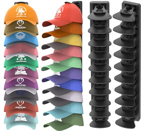 HeQe Hat Organizer for Baseball Caps Hold Up to 40 Hats, 2 Pack Hat Rack for Wall, Strong Adhesive Hat Storage Display Holder for Closet Door and Wall (Black)