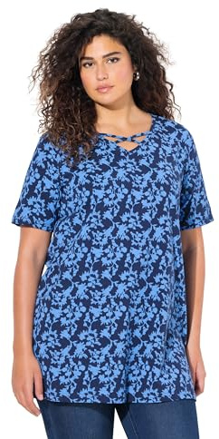 Ulla Popken Damen große Größen Übergrößen Plus Size T-Shirt, Zierbänder, V-Ausschnitt, Halbarm Tintenblau 50+ 837479740-50+