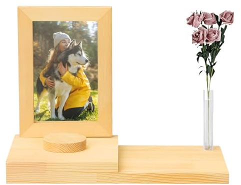 BlyeMichdi Hunde Erinnerung, Bilderrahmen mit Vase 10x15 cm Holz, Hund oder Katze Gedenktafel mit Fotobild Gedenktafel, Fotorahmen mit Kleinen Kiste, Geschenk für Hundebesitzer/Katzenbesitzer (Holz)