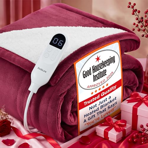 Bedsure Electric Blanket Heated Throw - Flannel, 130x160cm, Red | Soft flannel with 6 heat settings and 10-hour timer with fast heating and overheat protection