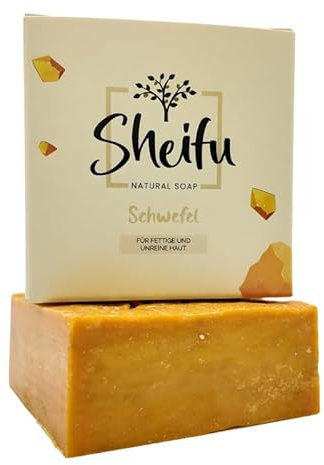Sheifu Schwefel Naturseife 125g – Vegane Duschseife Für Alle Hauttypen, Feste Gesichts- & Handseife Für Unreine Haut, Palmölfrei, Handgemacht, Nachhaltig