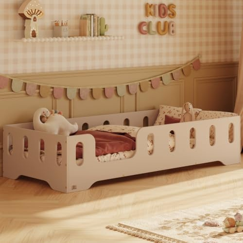 smartwood Bodenbett 60x120 cm mit Rausfallschutz, Holz, Kaschmir, TILA 2L | Montessori Kinderbett, Lattenrost belastbar bis 230 kg, FSC-Zertifikat, abgerundete Kanten, Einfache Montage, ab 3 Jahren