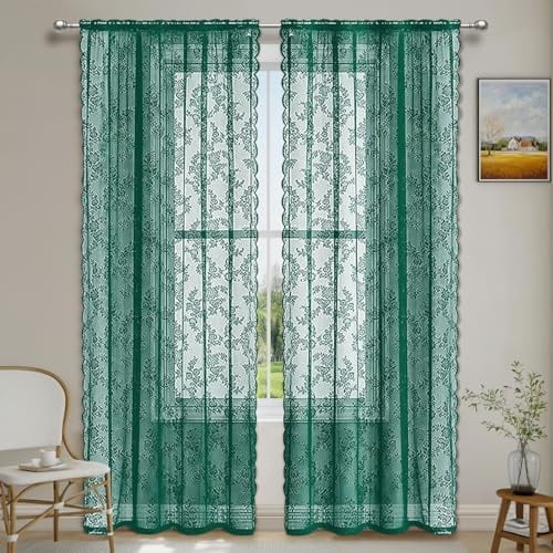 YKAFADE 2 Stück Spitze Vorhang Gardinenschal Blumen Muster Gardinen Transluzente Vintage Romantisch Dekoschal Ösenvorhänge Tüllvorhänge Fensterschal für Wohnzimmer Schlafzimmer -150x250cm(BxL),Grün