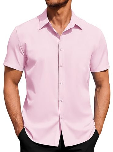 J.VER Mens Short Sleeved Shirts 4-Way Stretch Casual Shirt Regular Fit Non Iron Business Dress Summer Button Down Shirts Pink M