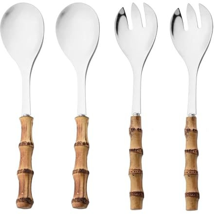 Set di posate – 4 pezzi cucchiaio da insalata con manico lungo forchetta forchetta cucchiaio da portata con manici in legno di bambù e stoviglie in acciaio inox