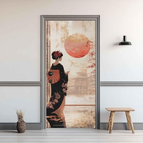 3D Adesivo per Porta 77x200 cm, Geisha giapponese Carta da Parati Autoadesiva per Porte Interne, Stile giapponese, Decorazione per Camera da Letto, Soggiorno, Casa