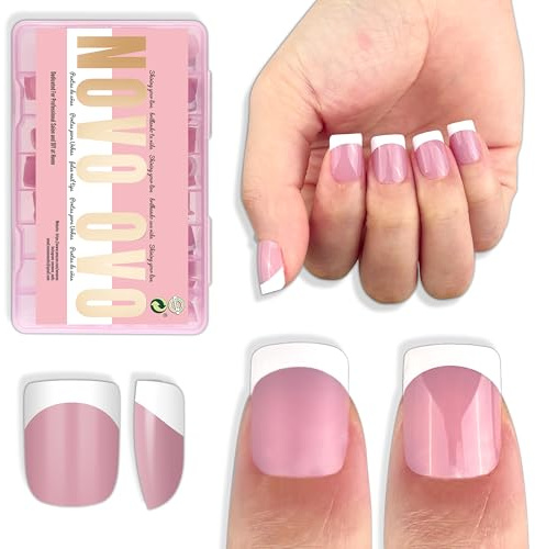 NOVO OVO Extra Short White French Tip Nail Tips, XS XXS Square Round BERRY PINK, for Wide & Short Nail Beds, Thick Full Cover Press on for Women Men, Soft Gel Acrylic Extension kit, 16 Sizes x 224pcs