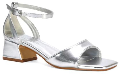 ESSEX GLAM Women's Ankle Strap Block Low Heel Sandals Ladies Cut Out Square Toe Silver Metallic Buckle Strappy Party Shoes Size 8