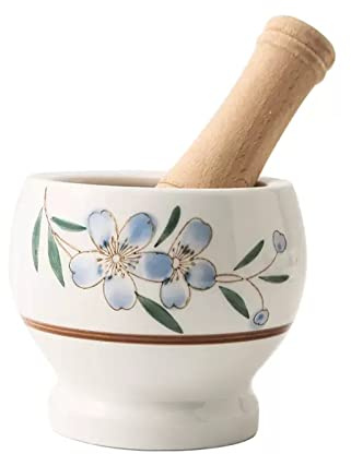 Accessoires Mortier et Pilon Céramique Suribachi et Surikogi Set Poterie Élégante Motif Floral Blanc pour Herbes(Petit)