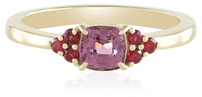 Cavill pinkfarbener Spinell Ring Damen 375er Gelbgold mit 0,556 ct antikem Kissenschliff rosa Spinell & 6 leuchtend roten Spinellen, moderner Goldring 0,699 ct Gesamtgewicht