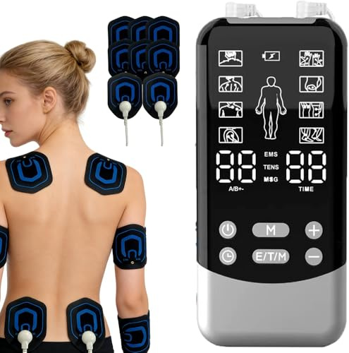 EMS TENS Gerät Schmerztherapie, 3-in-1 Massagegerät Reizstromgerät mit 24 Massageprogrammen, 2 Kanäle und 8 Stück Elektroden Pad zur Schmerzlinderung durch Elektrische Nervenstimulation