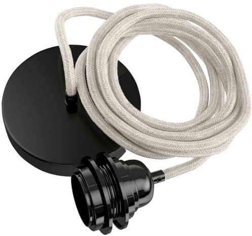 Hoopzi - Suspension Luminaire 1 Ampoule - 2,5m - Câble en Lin - Lustre pour Salon, Cuisine, Chambre - Modèle Hang 1 Lin Naturel Pavillon Noir