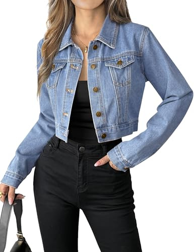 Grabsa Women’s Button Down Long Sleeve Cropped Denim Jean Jacket with Pockets