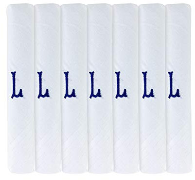 Surf the Shop 7 Stück bestickte Herren-Taschentücher mit Satin-Bordüre, verschiedene Buchstaben, Weiß, L, 85