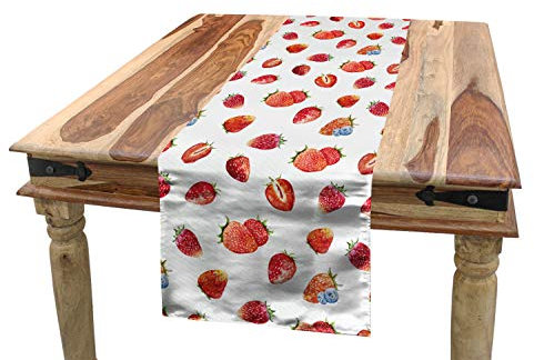 ABAKUHAUS Aquarell Tischläufer, Strawberry Blueberry, Esszimmer Küche Rechteckiger Dekorativer Tischläufer, 40 x 300 cm, Blaugrau Zinnoberrot Grün