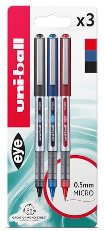 uni-ball Eye Rollerball Pens, 0.5mm Micro Tip, Black, Blue, Red (3-Pack) | Smooth, Consistent Writing, Fade & Water Resistant Ink, Comfortable Grip, Ideal for School & Office Use