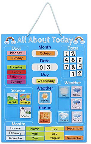 Navaris Kalender Tafel für Kinder - Lerntafel Jahreszeiten Uhr - Magnet Spiel Lernuhr - Kinderkalender Jahreskalender - magnetisch - blau - Englisch
