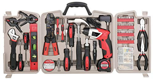APOLLO TOOLS 161 Piece Complete Household Tool Set with 3.6 Volt Lithium-Ion Cordless Screwdriver and Most Needed Handtools Selection for Boats, Vehicle and Garage - DT0739