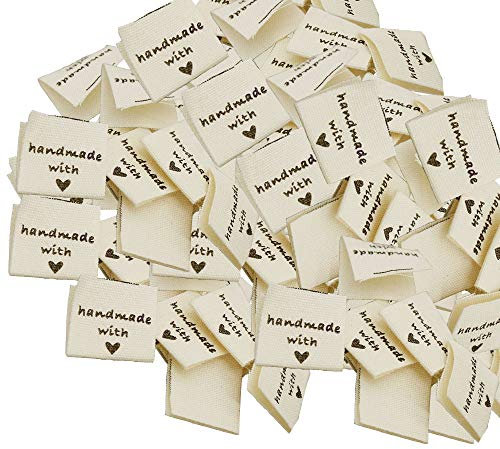 Anyasen Handmade Label 150 Stück Handmade Etiketten Stoffetiketten Textiletiketten Handmade with Love Rechteck Stoff Labels Tags für Nähen DIY Näharbeit Deko,Nähzubehör, Beige,4x2cm