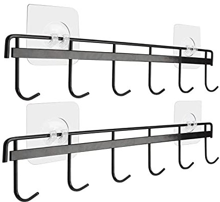 Jeowoqao Utensil Hangers with 6 Hooks Space Saving Wall Utensil Holder Kitchen Utensil Hooks No Drilling Wall Mounted Adhesive Wall Hooks Rack for Kitchen Bathroom Bedroom 2 Packs (Black)