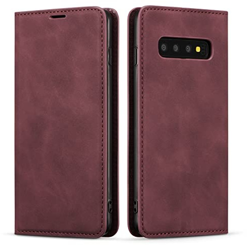 QLTYPRI Hülle für Samsung Galaxy S10, Premium Dünne Ledertasche Handyhülle mit Kartenfach Ständer Flip Schutzhülle Kompatibel mit Samsung Galaxy S10 - Wein Rot | Retro PU Leder Klapphülle, Handyhülle mit 3 Kartenfächer, Standfunktion, Weicher Dünne TPU-Rahmen, Stoßfeste Flip Wallet Case