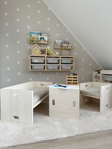 BioKinder Set Kindersitzgruppe Elena mit Bank und 2 Wendehockern aus zertifiziertem Bio-Massivholz Weiß