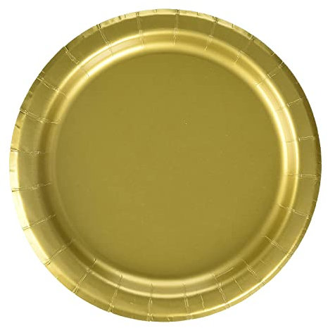 Trimming Shop Lot de 16 assiettes à dessert rondes et résistantes de 23 cm, dorées – Vaisselle en papier sur le thème des couleurs pour barbecues, mariages, anniversaires, occasions polyvalentes