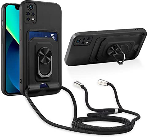Aithne Cordon de Coque Compatible avec Xiaomi Redmi Note 11/ Redmi Note 11S,[Béquille 360° Rotatif] [Fentes pour Cartes] Antichoc Réglable Lanyard Silicone Case - Noir