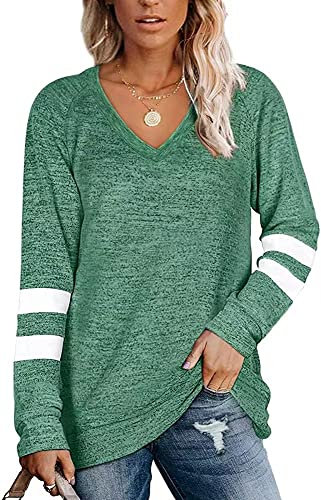 Famulily Women Long Sleeve Jumpers Fall Simple V Neck Sweatshirt Pullover to Wear with Leggings Green M