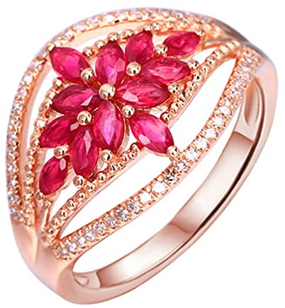 Beydodo Trauringe Damen Gold 750, Eheringe Blume mit 0.763ct Rubin Hochzeit Ring für Frauen Diamant Gr.51 (16.2)
