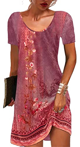 GRMLRPT Damen Kurzarm Rundhals Kleid Bohemian Blumen Sommerkleider MiniKleid Blumendruck Lose Tunika Freizeitkleid(Mehrfarbig,S-XXL)