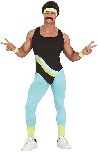 MIMIKRY 80er Jahre Neon Gymnastik-Jumpsuit Workout Herren-Kostüm Aerobic-Anzug Trash Bad Taste Sport Work Out, Größe:M