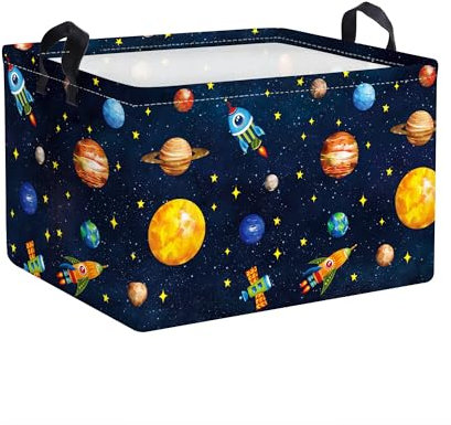 Clastyle Schwarz Kosmischer Planet Aufbewahrungskorb für Babyzimmer Rakete Sterne Jungen Wasserdicht Rechteckig Stoff Regalkörbe Kleidung Spielzeug Kinder Aufbewahrungsbox, 36x26x23 cm