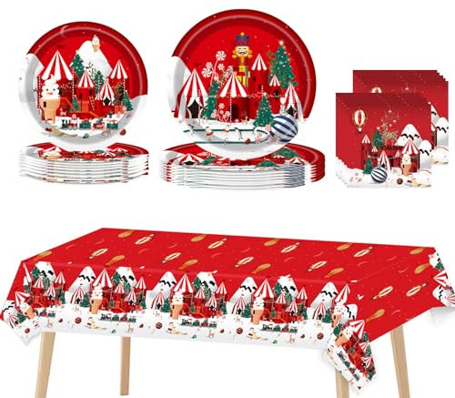53Pcs Nutcracker Christmas Party Tableware Decorations,Red Nutcracker Ice Cream Paradise Theme Tableware Set Christmas Table Cloth,7inch 9inch Paper Plates,Napkins for Xmas Dinnerware party Decor