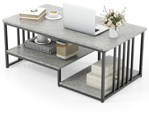 GOPLUS Couchtisch Marmor Optik, Kaffeetisch mit Ablagen & Metallgestell, Sofatisch Wohnzimmertisch für Büro & Wohnzimmer, 110 x 60 x 45cm, Grau