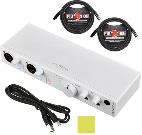 Arturia MiniFuse 4 Versatile Desktop USB-C Audio Interface, White w/ 2-Pack Pig Hog PHM10 8mm XLR Microphone Cable and Liquid Audio Polishing Cloth