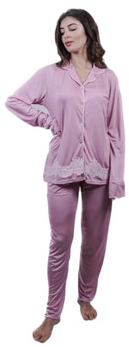 Ischia Tessile Ricami De Vivo Pigiama Donna in Micromodal Taglio Uomo - Pigiama Morbido e Resistente con Bottoni in Madreperla - Taglie dalla S alla XL (L, Rosa)