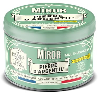 Miror Pierre d'Argentil Multi-Usages | Nettoie en profondeur, Dégraisse, Détartre, Fait briller et Protège | Cuisine, Salle de bain, Surfaces délicates*, Métaux | Fabriqué en France | 300g