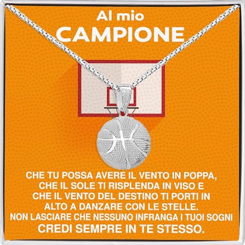 Collana Uomo Ragazzo Sportivo Basket Idee Regali per lui Bambino Sport Cindolo di Basket - Cofanetto con DEDICA incluso (Basketball)