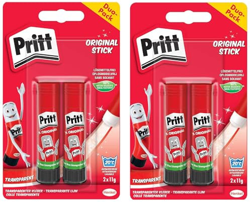 Henkel Stick Pritt 4 x 11 g, Colla sicura e Adatta ai Bambini per Arti e Mestieri, Adesivo Forte per Uso Scolastico e d'ufficio, Multicolore, 9H PK4DBX