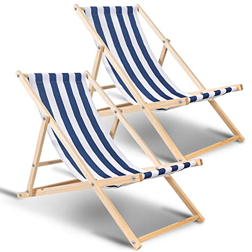 Hebitod Liegestuhl Holz Klappbar, 2 Ser Set, Verstellbar 120kg Belastbar, Sonnenliege für Strand, Camping, Balkon, Pool, Holzklappstuhl, Strandliege, Strandstuhl, Campingliege, Blaue und Weiße