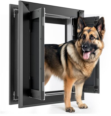 PATAPLUS Große Hundetür aus Aluminium für Außentür, starke doppelte Magnetklappen, robuste Hunde für große und mittelgroße Hunde bis zu 54 kg (groß, schwarz)