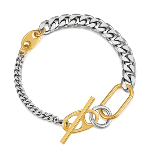 WOWORAMA Zwei-Ton Link Chain Armband für Frauen und Männer Gold und Silber Paperclip Link Armbänder Unisex Gemischte Metall Armband Dicke Chunky Ketten Armbänder