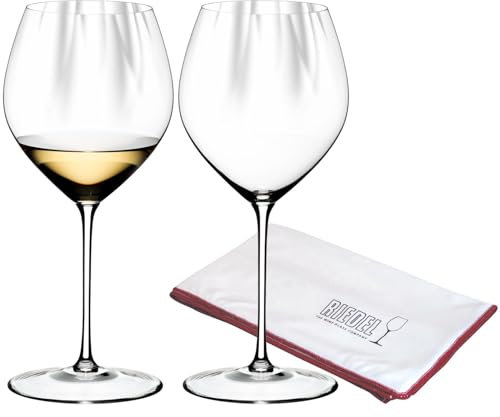 RIEDEL Performance Chardonnay Weinglas 2er Set, 727 ml, Weißweingläser mit Optik, Kristallglas, inklusive Poliertuch Logo (50 x 64 cm)