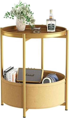 Huhote Side Table, Round End Table with Fabric Basket, Small Bedside Table, Nightstand Sofa Table for Living Room, Bedroom, Bathroom, Balcony, Modern Style (Gold)